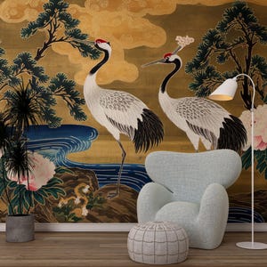 Papel pintado de grulla chinoiserie: mural de pared de pájaros japoneses vintage