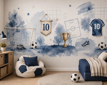 Carta da parati a tema calcio - Murale da parete ad acquerello con calci - Decorazione sportiva per la cameretta dei bambini - Dimensioni personalizzate