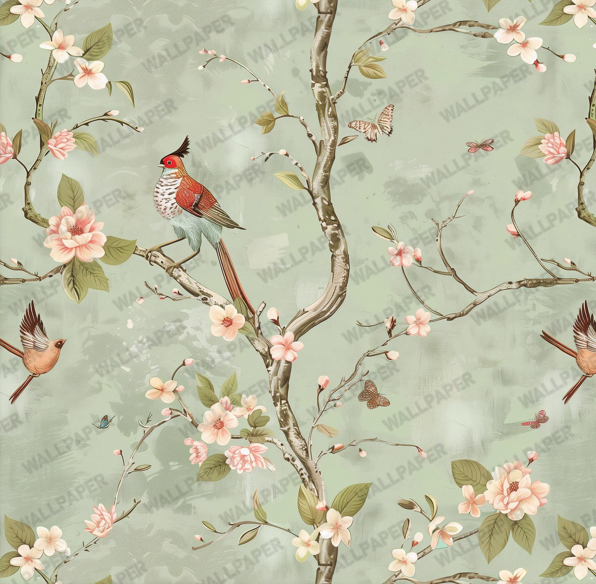 Vintage Chinoiserie Bird Floral Wallpaper: Sage Green Blossom Peel and ...