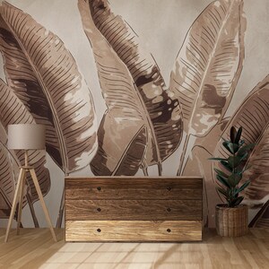 Beige Banana Leaves Wallpaper, Soft Banana Leaf Wall Mural, Botanical Wallpaper, Neutral Peel and Stick Wallpaper, Beige Tropical Wall Mural