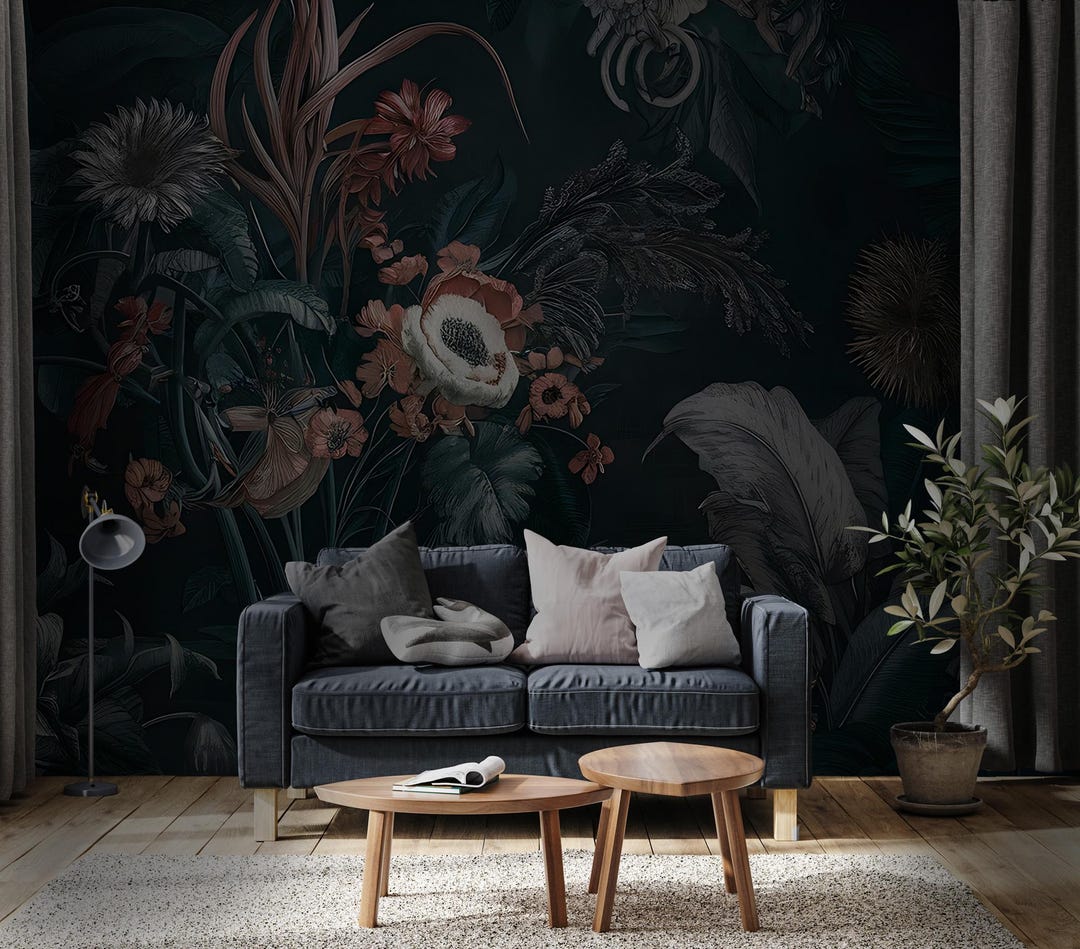 Dark Botanical Floral Wall Mural, Moody Garden Flower Peel and Stick ...