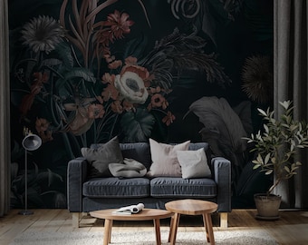 Dark Botanical Floral Wall Mural, Moody Garden Flower Peel and Stick Wallpaper