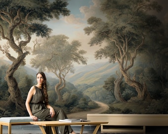Nature Landscape Peel and Stick Wallpaper, Vintage Forest Scenic Wall Mural