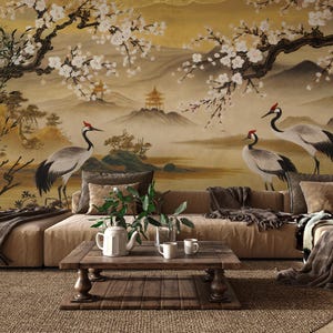 Mural de papel pintado con grullas chinoiserie: calcomanía de pared con pájaros románticos vintage
