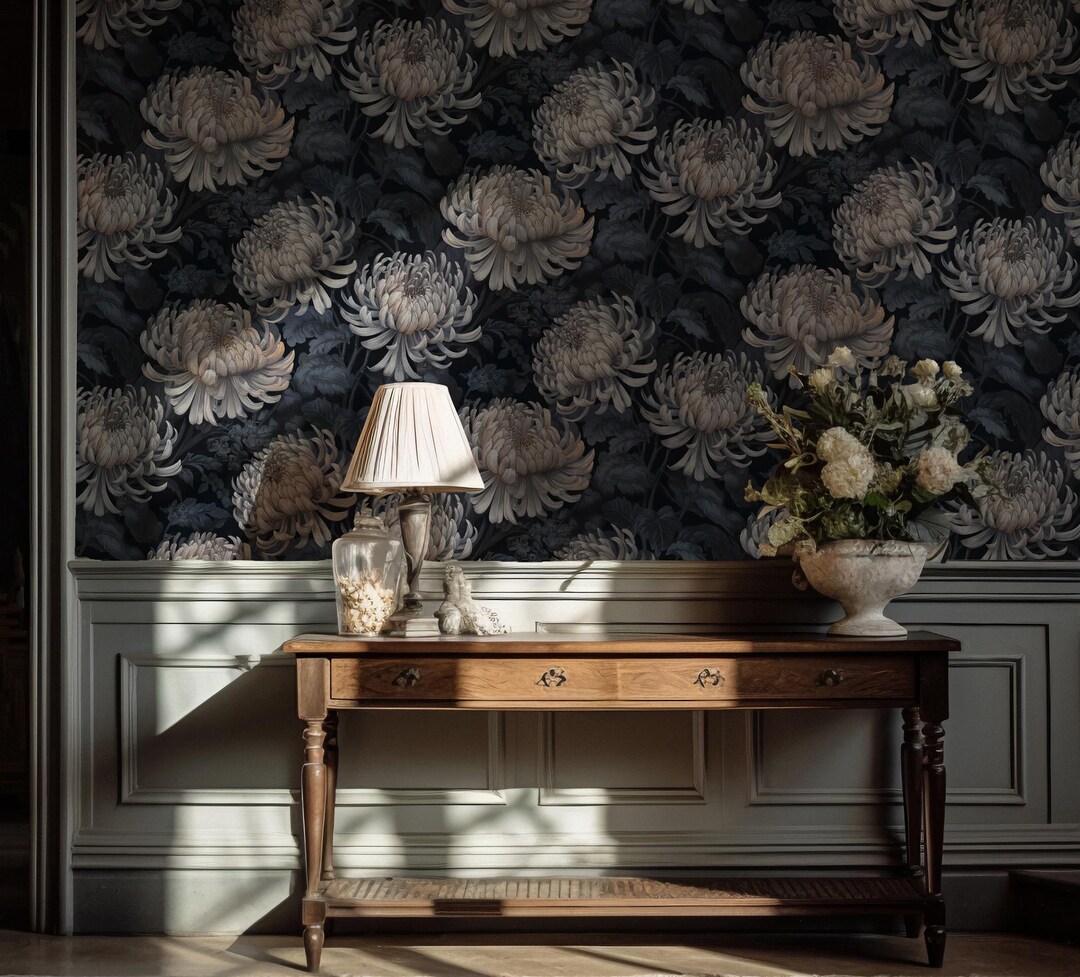 Dark Floral Wallpaper: Botanical Peel & Stick Wall Mural - Etsy