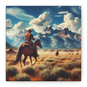 Rustic Western Wall Art Canvas, Horse Portrait Decor, Cowboy Landscape Print, Home Decor for Rustic Living Room