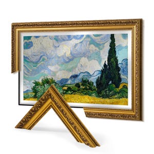 May include: A rectangular painting featuring a landscape with a yellow field, green bushes, and tall dark green cypress trees under a swirling blue and white sky, enclosed in an ornate gold frame with a matching corner sample piece.