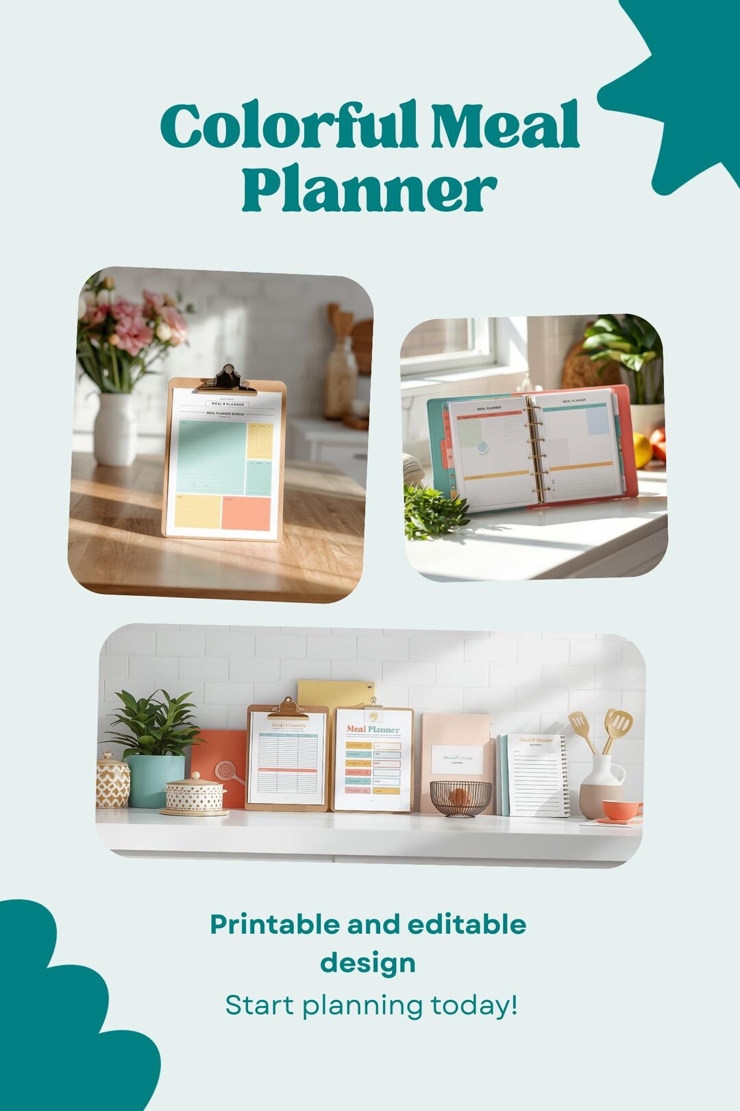 Colorful Meal Planner Printable and Editable | Weekly & Monthly Meal ...