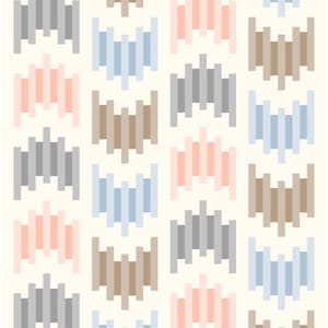 May include: A repeating geometric pattern on a cream background featuring vertical bar motifs arranged in columns. The bars are colored in soft shades of light blue, muted pink, warm beige, and cool gray, creating a structured, rhythmic design.