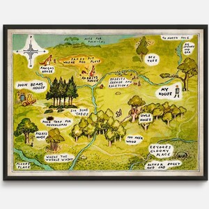 Carte de Winnie l'ourson, chambre de bébé Winnie l'ourson, ourson classique, impression sur bois 100 acres, carte en bois de 100 acres, oeuvre d'art pour chambre d'enfant, décoration de salle de jeux