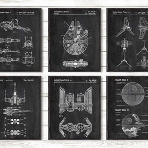 Set di 6 stampe di brevetti di stelle - Arte del Millennium Star Freighter - Regalo di fantascienza per lui o per lei
