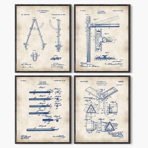 Architektur Druck 4er Set Architekturzeichnungen, Lineal Kompass Bleistifthalter Geschenk für Architekt Architektenskala #P108