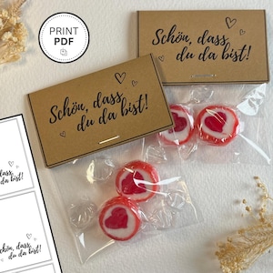 Modello di stampa chiusura borsa/patta borsa "È bello che tu sia qui" (7,5 cm x4,5 cm) | Compleanno, matrimonio, celebrazioni | DINA4 PDF per la stampa