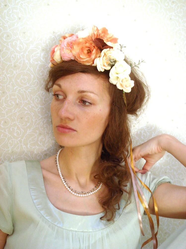 Peach Flower Crown Champagne Hair Accessory Coral Frida Etsy