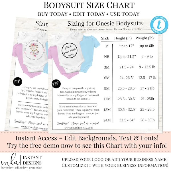 Infant & toddler Bodysuit Size Chart, Editable Size Chart, DIY Chart, Instant Download Chart, Tshirt Chart, T-Shirt Size Chart, Infants