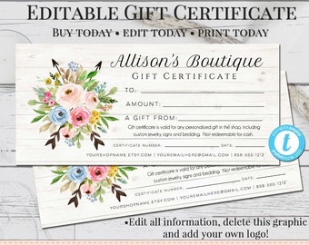 gift certificate template etsy