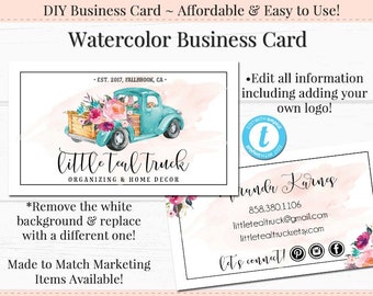 Editable Business Card, DIY Business Card, Business Card Template, Watercolor Business Card, DIY Template, Instant Download, Teal Truck