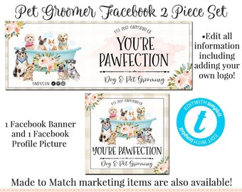 DIY Pet Grooming Facebook Set - Editable Facebook, Facebook Banner Set, Instant Download Facebook Set, DIY Facebook, Dog Cat Facebook