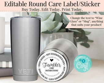 Editable Round Label, DIY Round Label, Round Label Template, DIY Round Sticker, DIY Product Label, Tumbler Care, Care Label, Editable Label