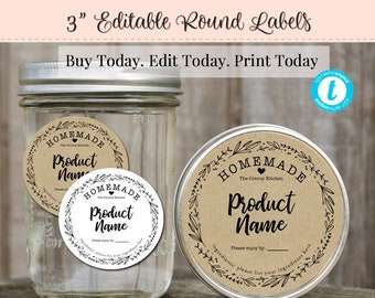 3 inch Round Handmade Labels, Mason Jar Label, Editable Labels, DIY Food Labels, Canning Product Labels, DIY labels, Customizable Label