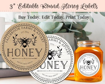 Editable Honey Label, DIY Round Label, Round Label Template, DIY Round Sticker, Product Label, Bath Labels, Honey Bee Label, Editable Label