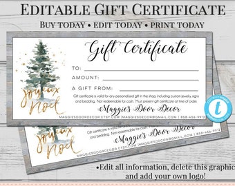 Editable Gift Certificate Template, DIY Gift Certificate, Store Voucher, Printable Gift, Gift Certificate, Blank Certificate, Noel