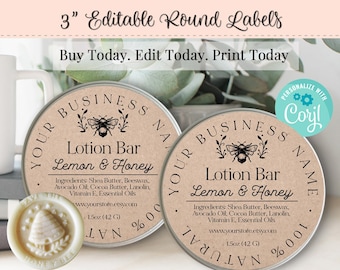 Editable Product Label, DIY Round Label, Round Label Template, DIY Lotion Bar Label, DIY Product Label, Editable Jar Labels, 3" inch Round