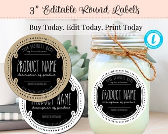 3 inch Round Candle Labels, Mason Jar Label, Editable Labels, DIY Food Labels, Canning Product Labels, DIY labels, Farmhouse Label