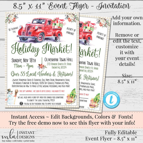 DIY Holiday Flyer, Market Flyer, Christmas Market Flyer, Editable Flyer, Customizable Flyer, Invitation, 8.5 x 11 Flyer, Vintage Red Truck