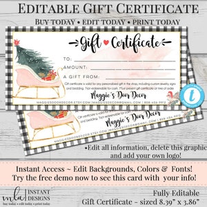 Editable Christmas Gift Certificate Template, DIY Gift Certificate, Store Voucher, Printable Gift, Gift Certificate, Blank Certificate
