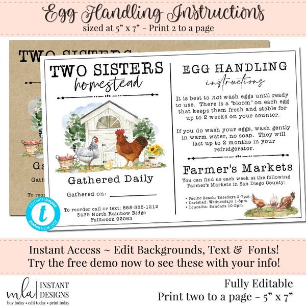 Egg Handling Instructions,  Editable Egg Carton Label, Farmers Market Flyer, Fresh Egg Flyer, Chicken Coop Label, Safe Egg Instructions