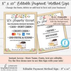 Printable Payment Method Sign, We Accept These Payment Methods, Craft Show Sign, DIY Credit Card Sign, Editable Credit Card Signage, 8 x 10