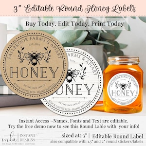 Editable Honey Label, DIY Round Label, Round Label Template, DIY Round Sticker, Product Label, Bath Labels, Honey Bee Label, Editable Label