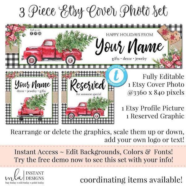 DIY Christmas Red Truck Etsy Set - Editable Holiday Etsy, Etsy Shop Banner, Instant Download Etsy Set, DIY Etsy, Red Truck, Holiday Truck