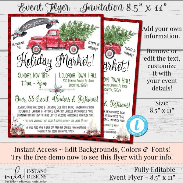 DIY Holiday Flyer, Market Flyer, Christmas Market Flyer, Editable Flyer, Customizable Flyer, Invitation, 8.5 x 11 Flyer, Vintage Red Truck