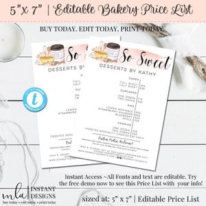 Editable Bakery Price List,  DIY Price List, Customizable Price List, DIY Menu, Business Template, DIY Business Marketing, Editable Form