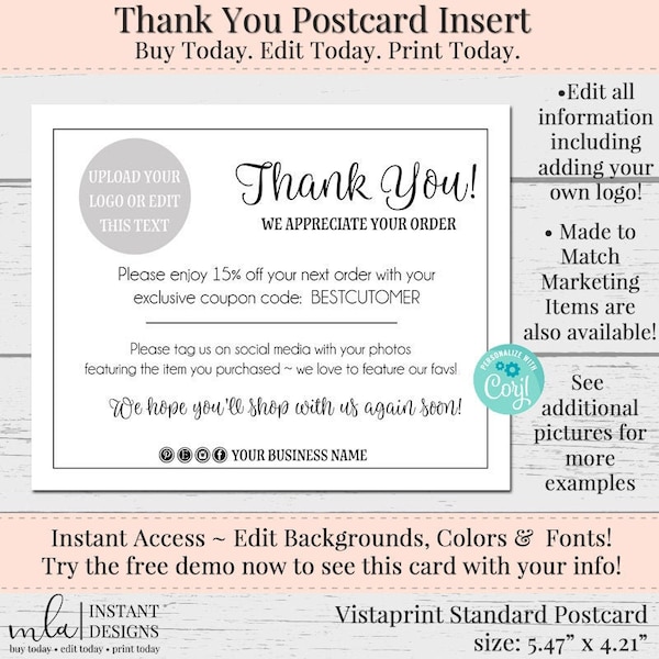 DIY Thank You Postcard, Editable Postcard, Editbale Thank You, Add your Logo, Package Insert, Thank You Note, Business Templates