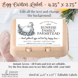 Egg Carton Label, Editable Egg Carton Label, DIY Farm Label, Half Dozen, Chicken Coop Label, Chicken Label, 4.25 x 2.75