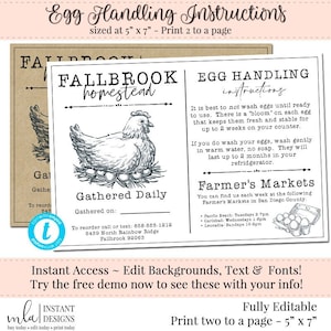 Egg Handling Instructions,  Editable Egg Carton Label, Farmers Market Flyer, Fresh Egg Flyer, Chicken Coop Label, Safe Egg Instructions