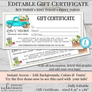 Editable Gift Certificate Template, DIY Gift Certificate, Store Voucher, Printable Gift, Gift Certificate, Blank Certificate, Farmers Market
