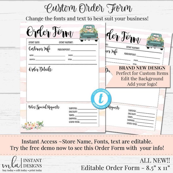 Custom Order Form, Editable Order Form, DIY Order Form, Full Page Order Form, Editable Template, Business Template, Business Marketing