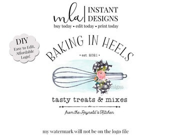 DIY Baking Logo Template, DIY Whisk Logo - Watercolor Logo, Boutique Logo, Cookie Logo, Premade Logo, Editable Premade Logo, Editable
