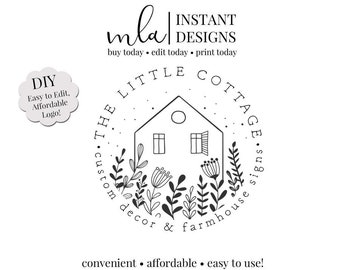 DIY Cottage Logo Template, DIY Round Logo -Black White Logo, Logo Stamp, Floral Logo, Premade Logo, Editable Premade Logo, Editable