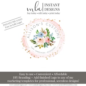 DIY Flower Logo, DIY Round Logo - Editable Watercolor Logo, Floral Logo, Boutique Logo, Premade Logo, Editable Premade Logo, Instant Logo