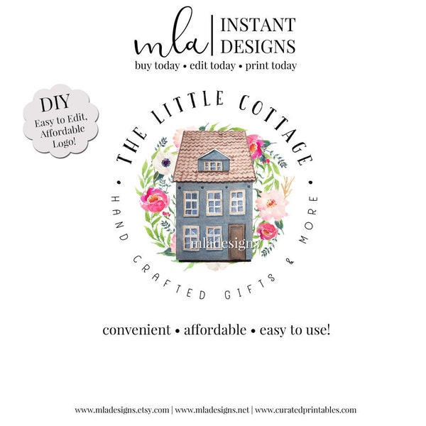 DIY Cottage Logo - Editable House Logo, Boutique Logo, Cottage Door Logo, Premade Logo, Editable Premade Logo, Boho Logo, Little House Logo