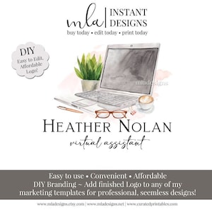 Virtual Assistant Logo, DIY Copywriter Logo, VA Logo, Writing Assistant Logo, Laptop Logo, Computer Logo, Editable Logo, DIY Logo Template