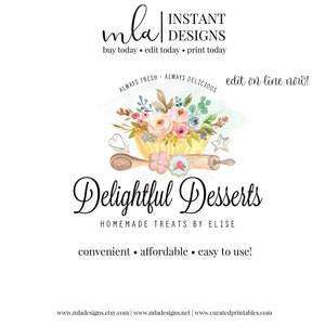 DIY Baking Logo Template, DIY Rolling Pin Logo - Watercolor Logo, Boutique Logo, Cookie Logo, Premade Logo, Editable Premade Logo, Editable