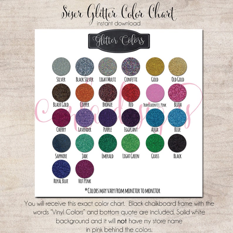 Siser Glitter Color Chart Vinyl Color Chart Use in Your Etsy