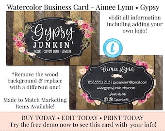 Editable Business Card, DIY Business Card, Business Card Template, Watercolor Business Card, DIY Template, Instant Download, Aimee Lynn