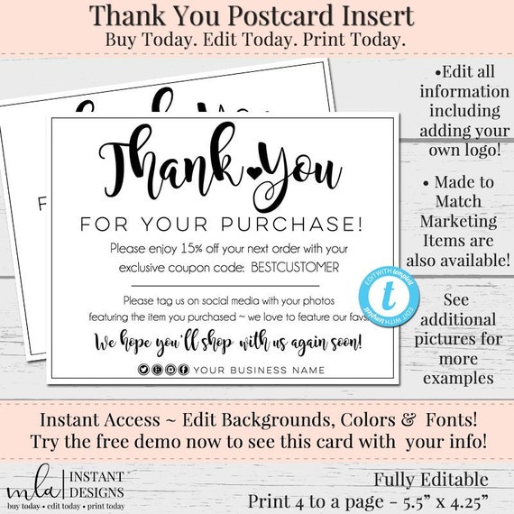 thank you postcard package insert thank you shop small editable postcard diy thank you editable thank you order insert diy postcard thank you post card
